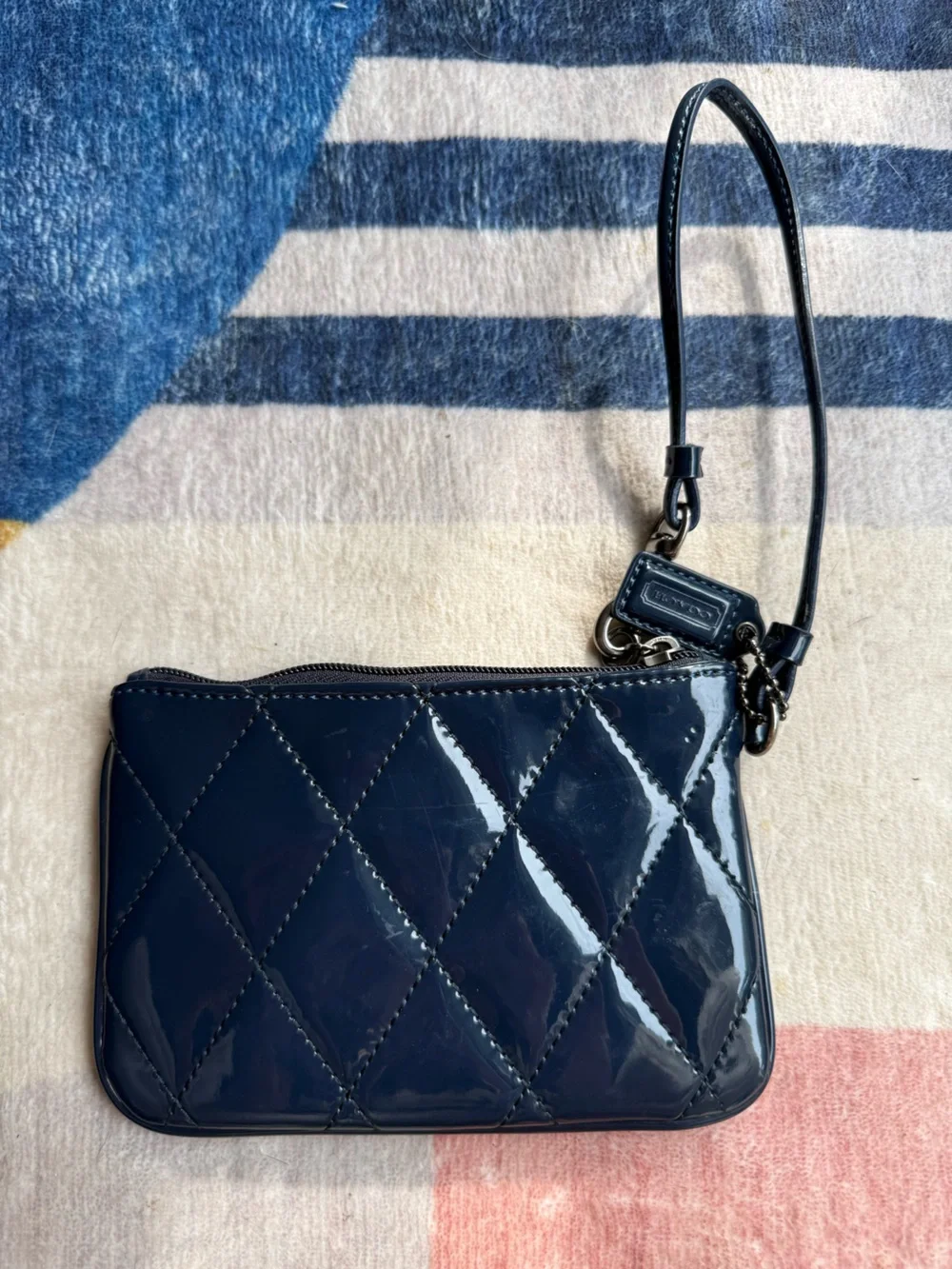Coach Poppy Navy Quilted Patent Wristlet with Strap